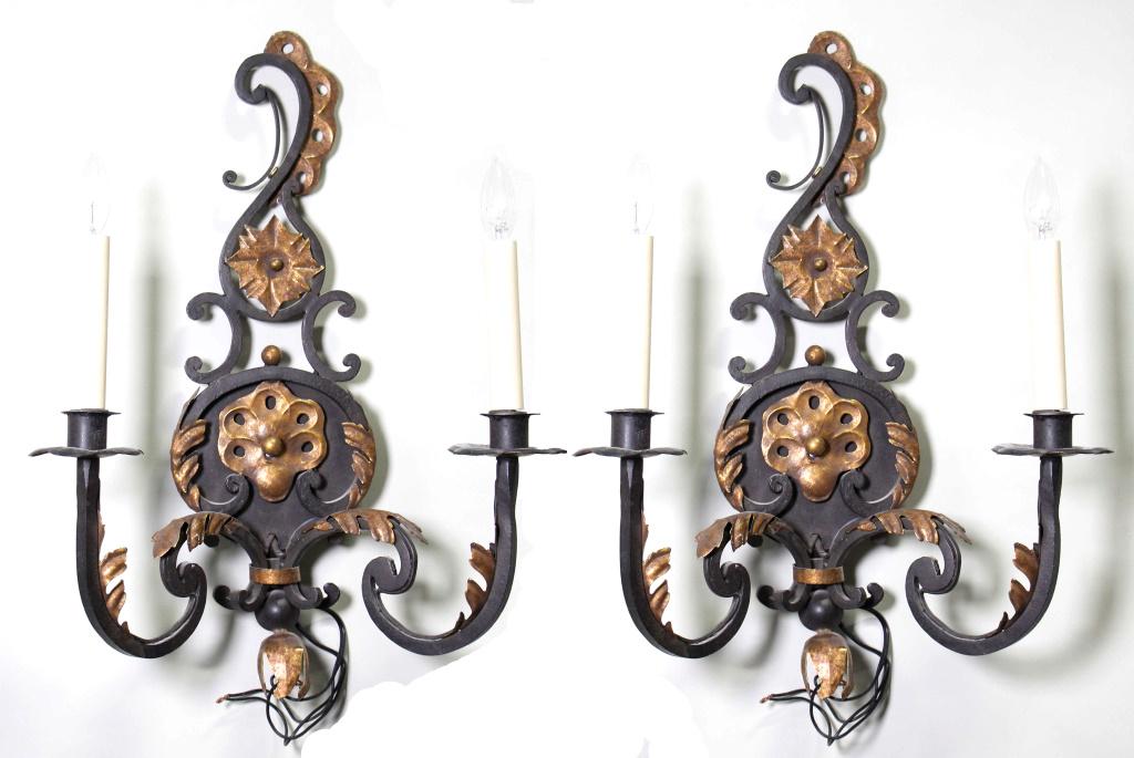 PAIR OF IRON & GILT TWO LIGHT WALL SCONCES (1 of 4)