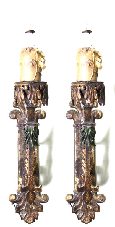 PAIR OF SINGLE CANDLE IRON WALL SCONCES: PAIR OF SINGLE CANDLE IRON WALL SCONCES. Height: 31 in. by Width: 6 in. by Depth: 12.5 in.