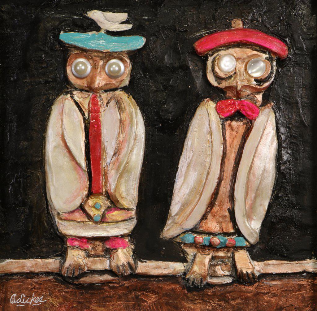 DAVID ADICKES "OWLS" WALL SCULPTURE: DAVID ADICKES "OWLS" WALL SCULPTURE. Height: 11 in. by Width: 11 in. by Depth: 2 in.