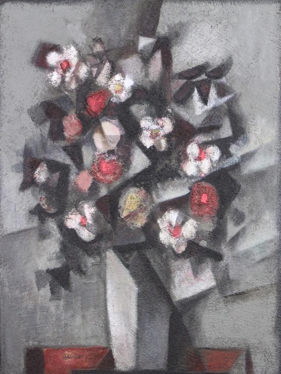 DAVID ADICKES "CUBIST BOUQUET" ACRYLIC ON PANEL: DAVID ADICKES "CUBIST BOUQUET" ACRYLIC ON PANEL . Height: 45 & 39 1/2 in. by Width: 36 & 29 1/2 in.