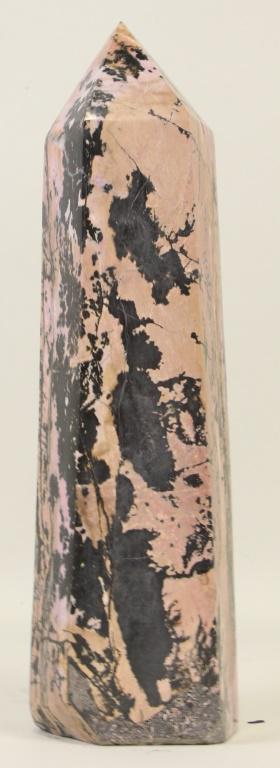 RHODONITE PINK BLOSSOM OBELISK: RHODONITE PINK BLOSSOM OBELISK. Height: 11 in. by Width: 3 in. by Depth: 3 in.