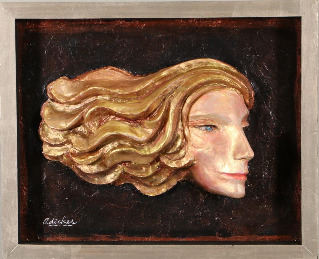 DAVID ADICKES "FEMALE HEAD" WALL SCULPTURE: DAVID ADICKES "FEMALE HEAD" WALL SCULPTURE. Height: 12 in. by Width: 15 in.