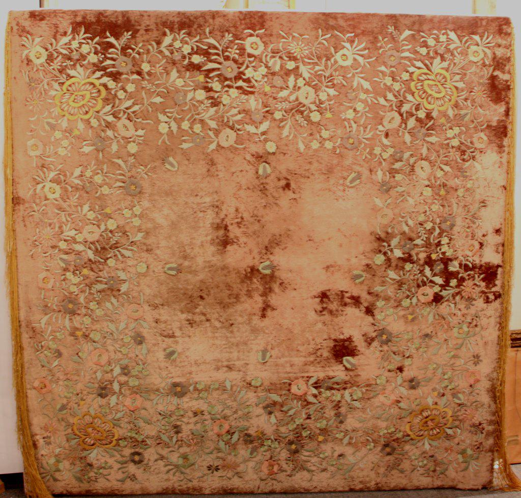 SILK EMBROIDERED HEADBOARD: SILK EMBROIDERED HEADBOARD. Height: 65 in. by Width: 65 in. by Depth: 4 in.