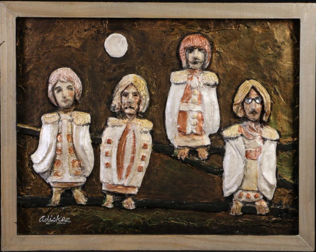 DAVID ADICKES "BEATLE OWLS" WALL SCULPTURE: DAVID ADICKES "BEATLE OWLS" WALL SCULPTURE. Height: 12 in. by Width: 15 in. by Depth: 2 in.