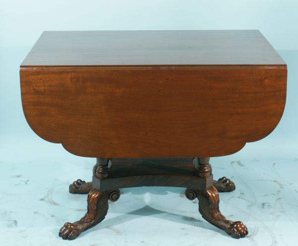 AMERICAN FEDERAL MAHOGANY DROP LEAF TABLE: AMERICAN FEDERAL MAHOGANY DROP LEAF TABLE CIRCA 1820. POSSIBLY DUNCAN PHYFE SHOP. Height: 27 in. by Width: 50 in. by Depth: 36 in.