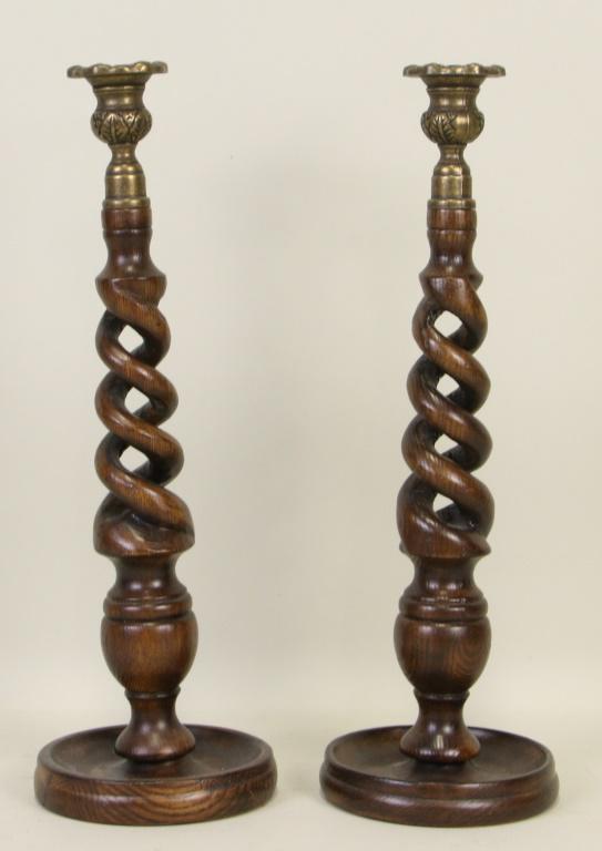 PAIR OF ANTIQUE WOODEN BARLEY TWIST CANDLESTICKS (1 of 2)
