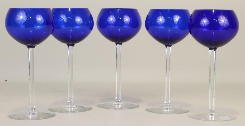 SET OF FIVE BLUE BACCARAT WINE GOBLETS: SET OF FIVE BLUE BACCARAT WINE GOBLETS. Height: 7 in. by Width: 4 in. by Depth: 4 in.