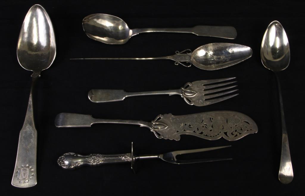 LOT OF SEVEN 19th C. STERLING & COINED SILVER PCS. (1 of 1)