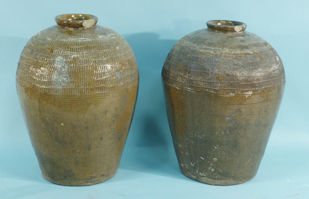 PAIR OF ANTIQUE GLAZED TERRACOTTA OLIVE JARS (1 of 3)