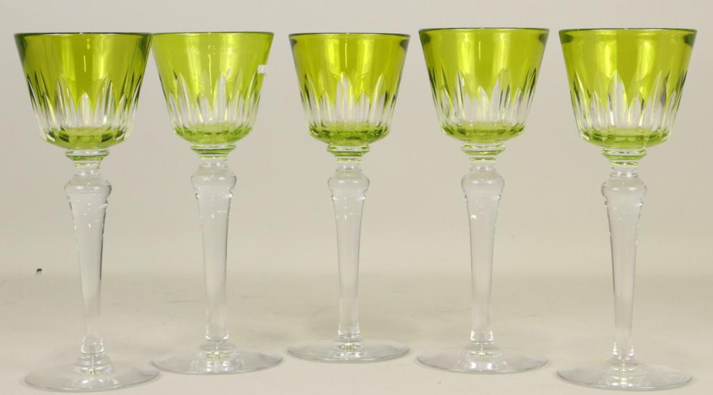 SET OF FIVE BACCARAT WINE GOBLETS: SET OF FIVE BACCARAT GREEN CUT TO CLEAR WINE GOBLETS. Height: 8 in. by Width: 3 in. by Depth: 3 in.