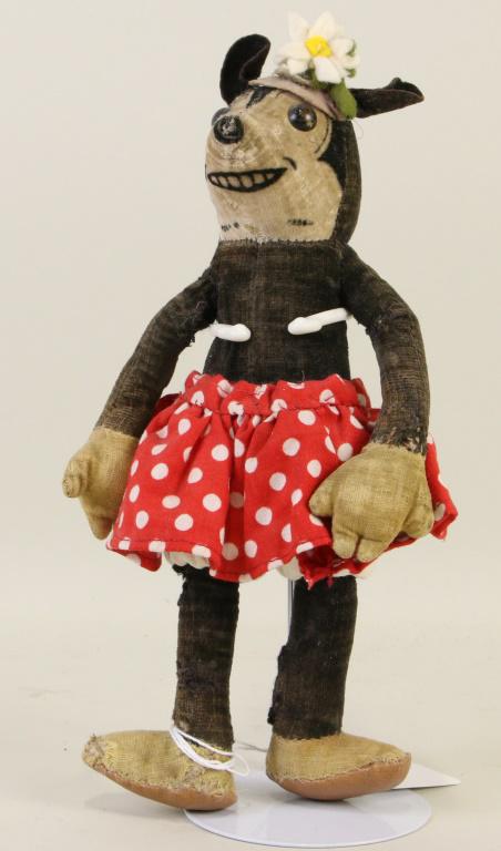 VINTAGE DEAN'S RAGDOLL MINNIE MOUSE DOLL: Dean’s Rag Doll Minnie Mouse doll from the 1930’s. Dean’s Rags Book England. One of the first dolls made for Disney of Mickey and Minnie. According to the story the kids were afraid of the dolls