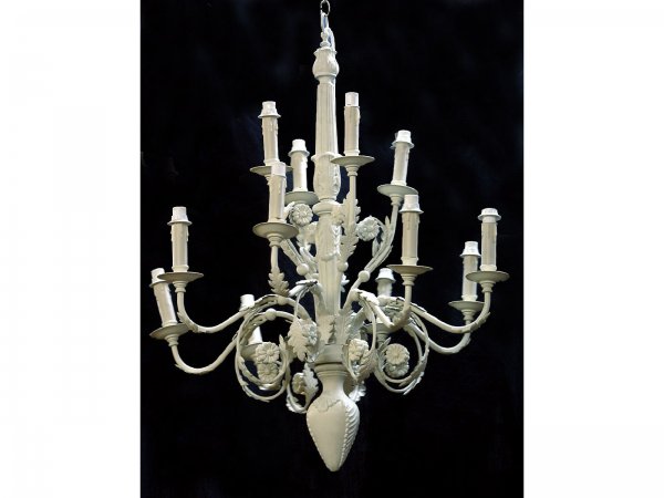 12-LIGHT, DOUBLE TIER, PAINTED WHITE CHANDELIER