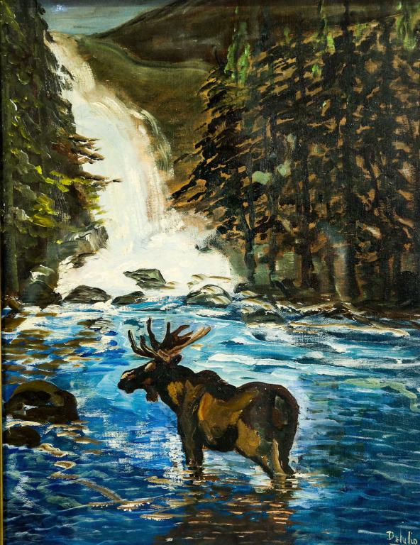 JOHN DELULIO "MOOSE IN RIVER" OIL ON CANVAS: JOHN DELULIO "MOOSE IN RIVER" OIL ON CANVAS PAINTING. John Delulio (March 1938-October 2017) was born in Connecticut and after serving in the Navy attended New York Prat Institute and Chicago Academy 
