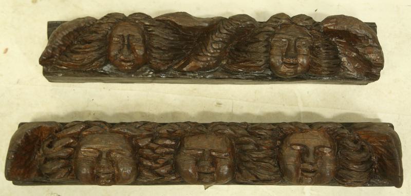 PAIR OF 19th C. SPANISH CARVED ANGEL WALL ELEMENTS: PAIR OF 19th C. SPANISH CARVED ANGEL WALL ELEMENTS. Height: 6 1/2 in. by Width: 36 1/2 in. by Depth: 6 in.