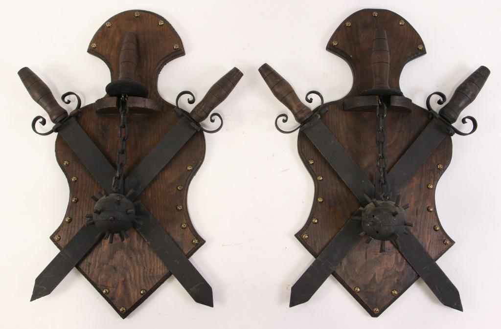 PAIR OF CROSS SWORD & SHIELD WALL TROPHYS: PAIR OF CROSS SWORD & SHIELD WALL TROPHYS. Height: 23 in. by Width: 18 in. by Depth: 4 in.