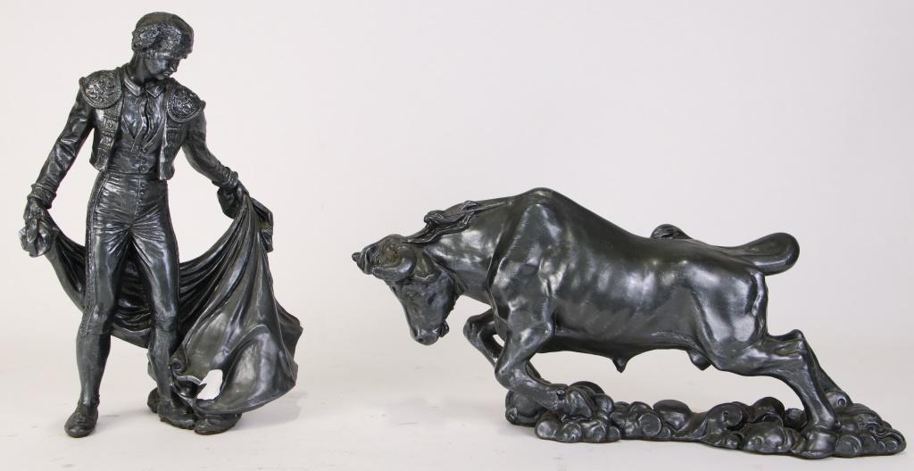PLASTER BULL & BULLFIGHTER STATUE: PLASTER BULL & BULLFIGHTER STATUE. BULL MEASURES AT: 9X18X5 in. Height: 15 in. by Width: 19 in. by Depth: 13 in.