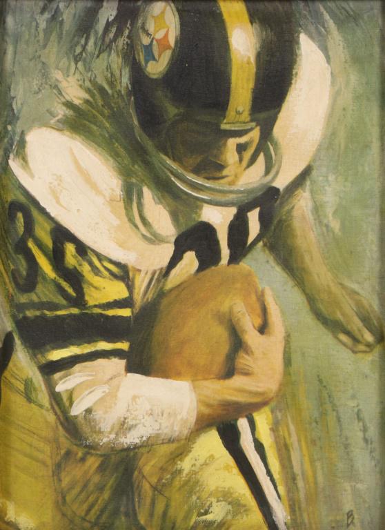 JOHN FARR "1966 PITTSBURGH STEELERS" MIXED MEDIA: JOHN FARR "1966 PITTSBURGH STEELERS" MIXED MEDIA PAINTING OVER PRINT. Height: 26 in. by Width: 20 in.