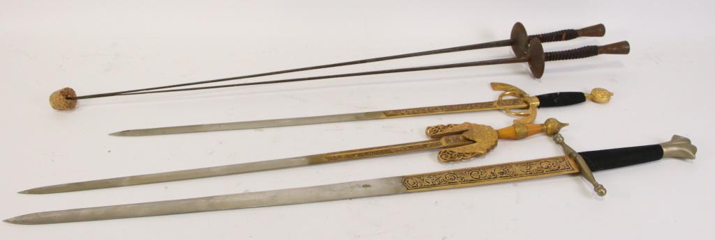 MIXED LOT OF FIVE REPLICA FENCING SWORDS: MIXED LOT OF FIVE REPLICA FENCING SWORDS. Height: 40 in. by Width: 1 in. by Depth: 1 in.