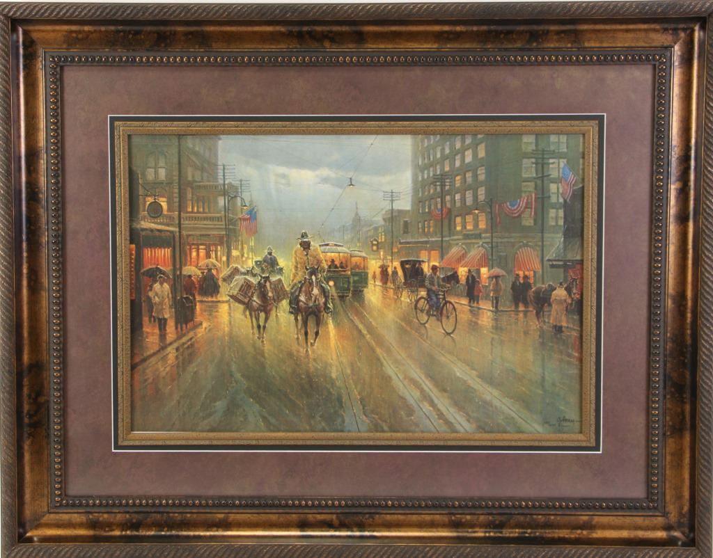 G. HARVEY "EARLY DOWNTOWN HOUSTON" SIGNED LITHO: FRAMED G. HARVEY "EARLY DOWNTOWN HOUSTON" SIGNED & NUMBERED LITHOGRAPH. NUMBERED: 1021/1250. Height: 33 in. by Width: 41 1/2 in. by Depth: 2 1/2 in.