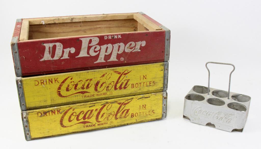 LOT OF FOUR COCA COLA & DR PEPPER CARRYING CRATES: LOT OF FOUR VINTAGE COCA COLA & DR PEPPER CARRYING CRATES. Height: 4 in. by Width: 18 in. by Depth: 12 in.