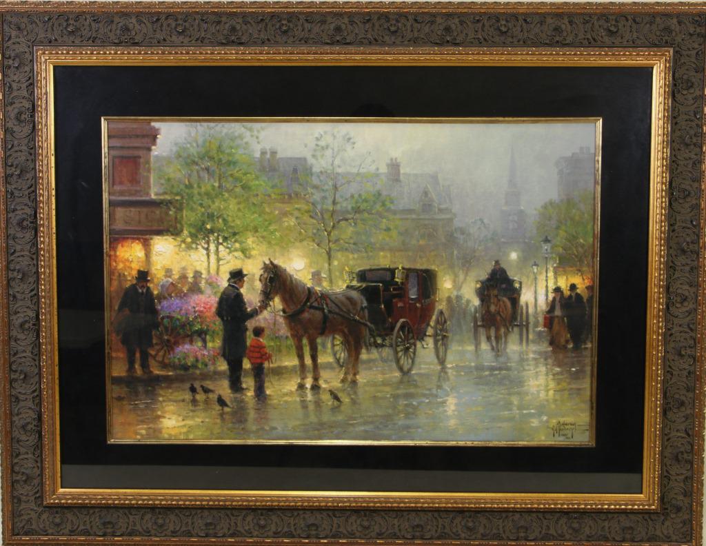 G. HARVEY "CABBIES AT THE MARKET" SIGNED LITHO: FRAMED G. HARVEY "CABBIES AT THE MARKET" SIGNED LITHOGRAPH. 1463/1950 Height: 34 in. by Width: 44 in.