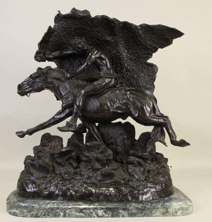 FREDERIC REMINGTON "THE HORSE THIEF" BRONZE: FREDERIC REMINGTON "THE HORSE THIEF" BRONZE. Height: 21 in. by Width: 20 in. by Depth: 10 in.