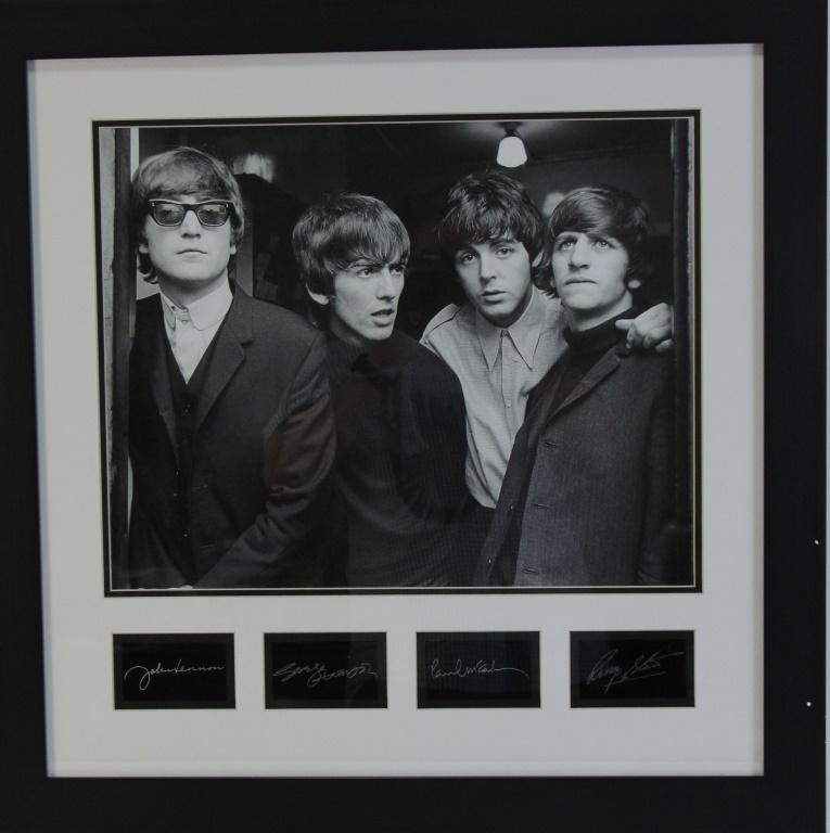 FRAMED THE BEATLES PHOTO W/PRINTED AUTOGRAPHS: FRAMED THE BEATLES PHOTO W/PRINTED AUTOGRAPHS FROM A PLATE Height: 28 in. by Width: 27 1/2 in.