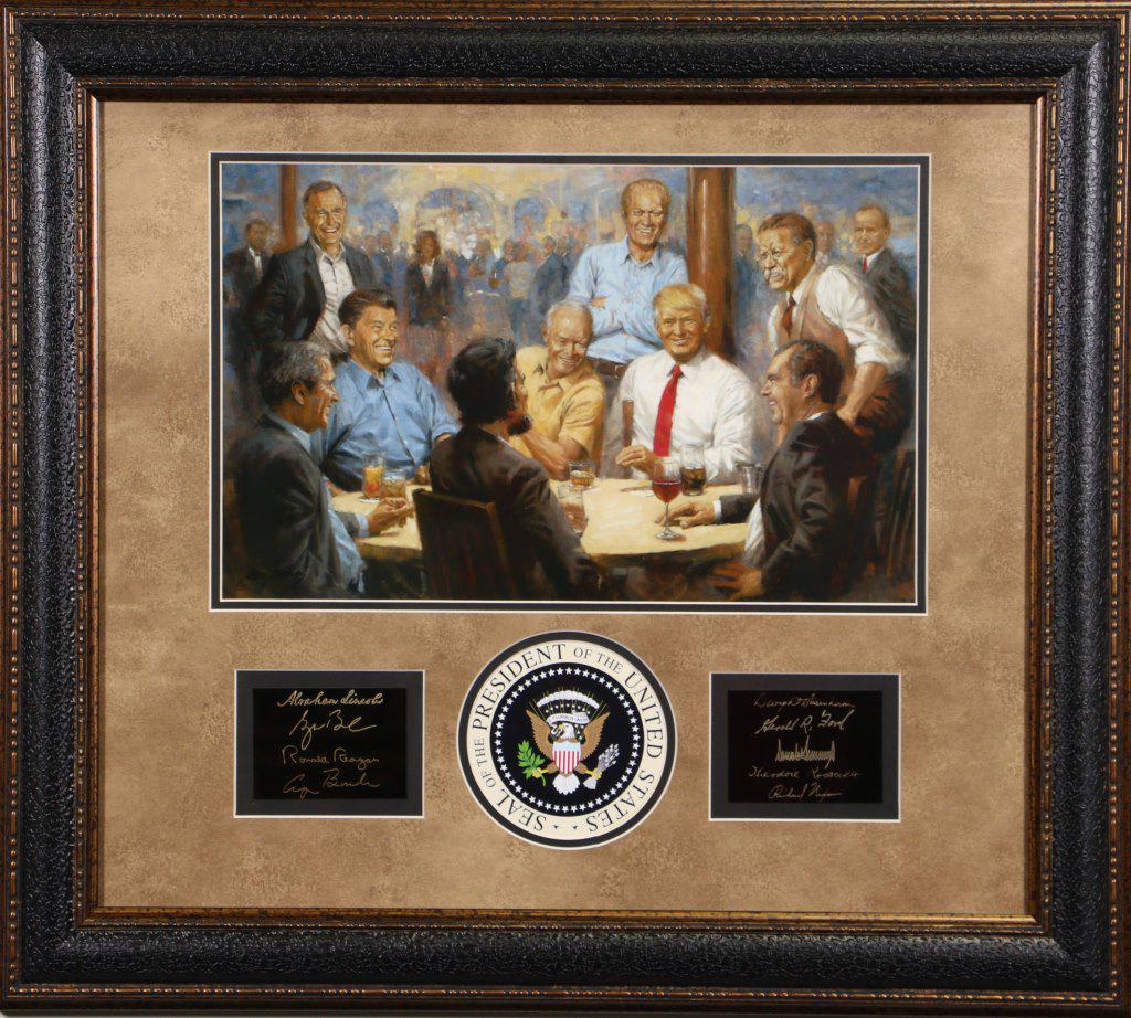 FRAMED ANDY THOMAS "THE REPUBLICAN CLUB": FRAMED ANDY THOMAS "THE REPUBLICAN CLUB" WITH ENGRAVED SIGNATURES OF: BUSH SENIOR, BUSH JR, REAGAN, LINCOLN, EISENHOWER, FORD, NIXON, ROOSEVELT & TRUMP. Height: 25 in. by Width: 27 1/2 in. by Depth: 1