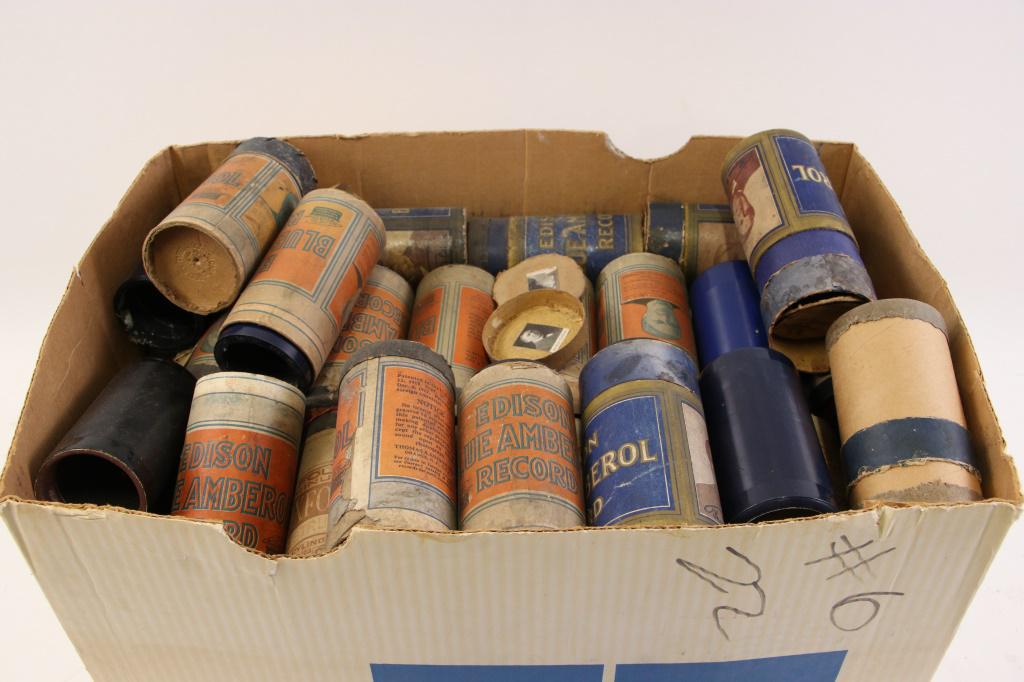 BOX LOT OF APPROX 60 EDISON WAX CYLINDERS: BOX LOT OF APPROX 60 EDISON WAX CYLINDERS. Height: 5 in. by Width: 2 in. by Depth: 2 in.