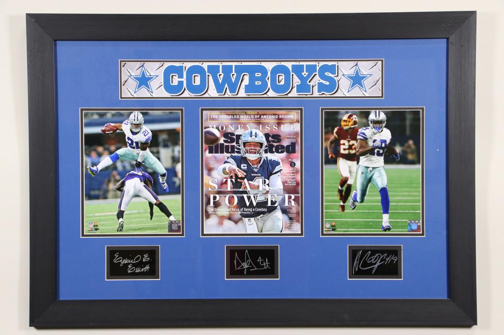FRAMED DALLAS COWBOYS ENGRAVED AUTOGRAPHS: FRAMED DALLAS COWBOYS AUTOGRAPHS. CONTAINS THE ENGRAVING AUTOGRAPHS OF DAK PRESCOTT, EZEKIEL ELLIOTT & AMARI COOPER. SINGED IN THE PLATE. Height: 23 1/2 in. by Width: 33 1/2 in.