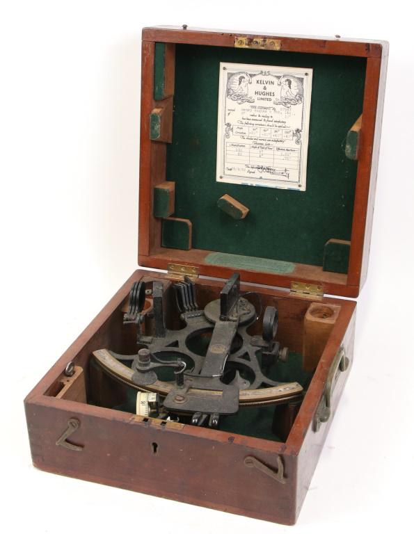 19th CENTURY KELVIN & HUGHES NAVIGATOR'S SEXTANT: 19th CENTURY KELVIN & HUGHES NAVIGATORS SEXTANT. Height: 5 in. by Width: 10 in. by Depth: 11 in.