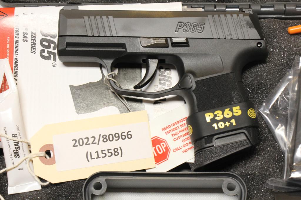 SIG SAUER P365 9MM PISTOL (NEW): SIG SAUER P365 9MM PISTOL (NEW) - LE MODEL WITH SIGLITE SIGHTS, DAO, & NITRIDE FINISHCALIBER: 9MM;SERIAL NUMBER: 66A659174;NEW FIREARM - INCLUDES CASE & 2 MAGS;(L1558)