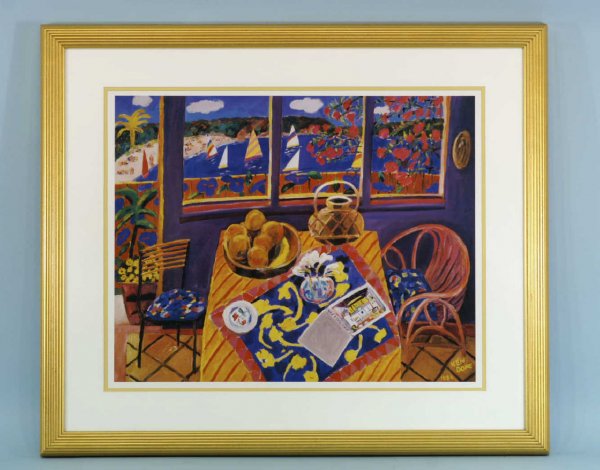 A FRAMED PRINT STILL LIFE, SIGNED "KEN DONE, 1984: A FRAMED AND MATTED PRINT STILL LIFE TABLE SCENE. Signed "Ken Done, 1984". Height: 35 in. by Width: 40 in. by Depth: 2 in.
