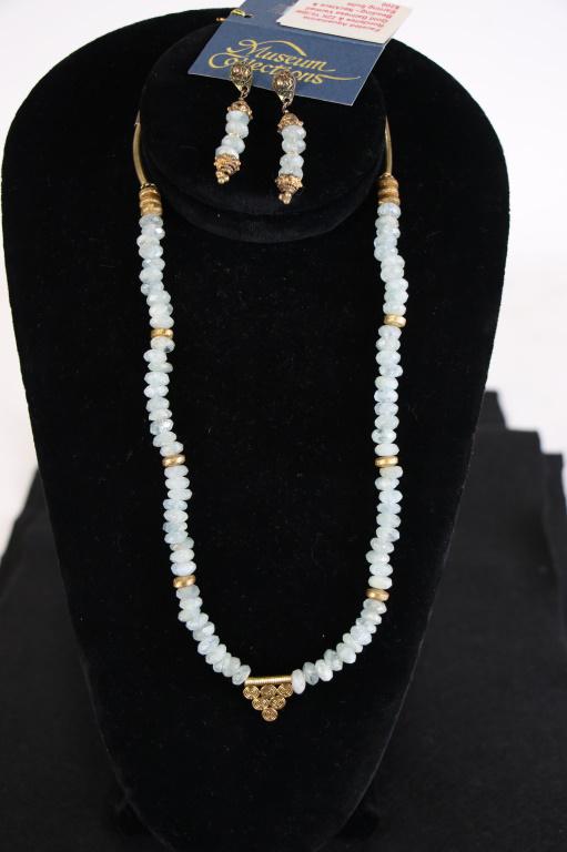 FACETED AQUAMARINE W/22kt VERMEIL BEADING NECKLACE: FACETED AQUAMARINE RONDELLES & 22kt YELLOW GOLD BALINESE VERMEIL BEADING NECKLACE & EARRING SET