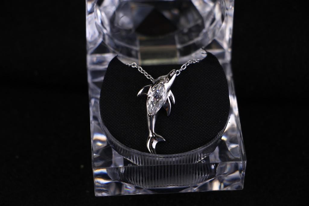SILVER NECKLACE WITH CZ DOLPHIN PENDANT: SILVER NECKLACE WITH CZ DOLPHIN PENDANT