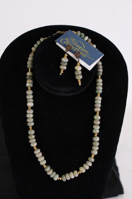 TURQUOISE BEADED NECKLACE & EARRING SET: TURQUOISE BEADS W/22kt BALINESE VERMEIL BEADING NECKLACE & EARRING SET