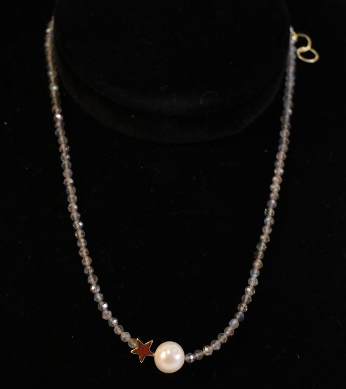 LABRADORITE BEAD, GOLD STARS, & PEARL NECKLACE: LABRADORITE BEAD, GOLD STARS, & PEARL NECKLACE - LENGTH 18"
