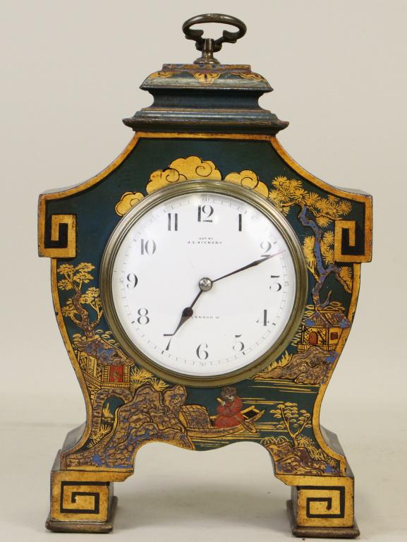 ANTIQUE TOLE MANTLE CLOCK WITH ASIAN ACCENTS (1 of 5)