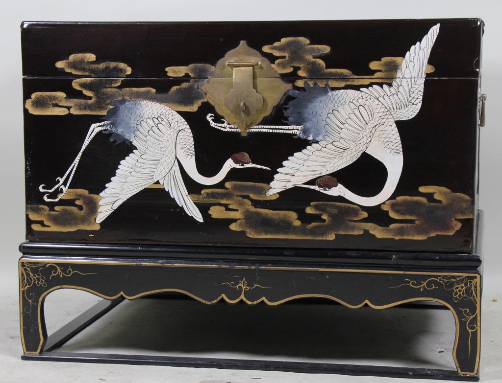 ANTIQUE CHINESE BLACK LACQUERED LEATHER TRUNK (1 of 3)