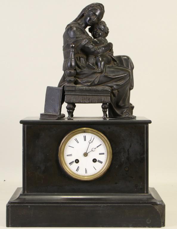 ANTIQUE BRONZE PATINA SPELTER MARBLE MANTLE CLOCK (1 of 5)