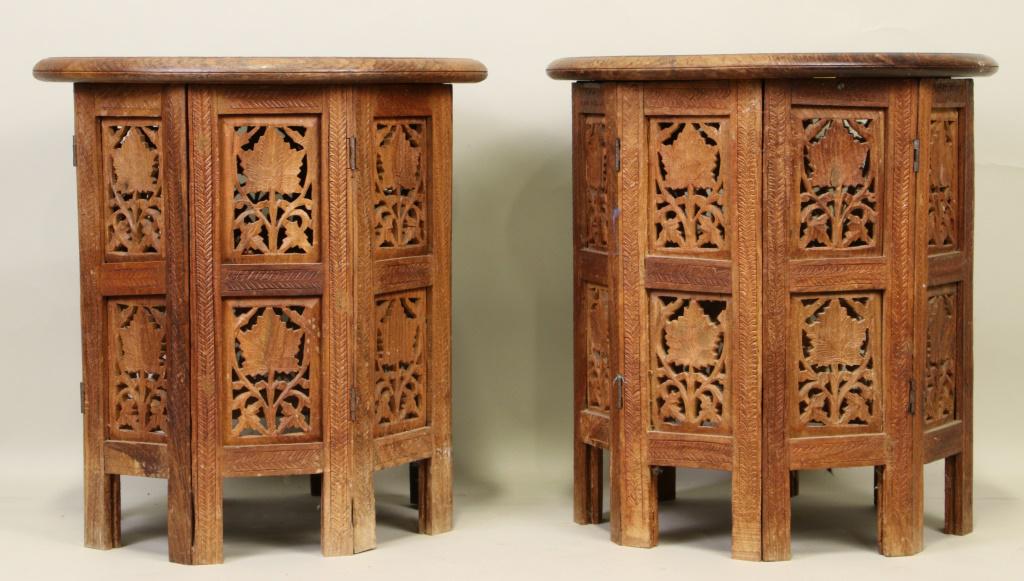 PAIR OF VINTAGE INDIAN CARVED TABLES W/ BONE INLAY: PAIR OF VINTAGE INDIAN CARVED TABLES WITH BONE INLAY. Height: 16 in. by Width: 15 in. by Depth: 15 in.