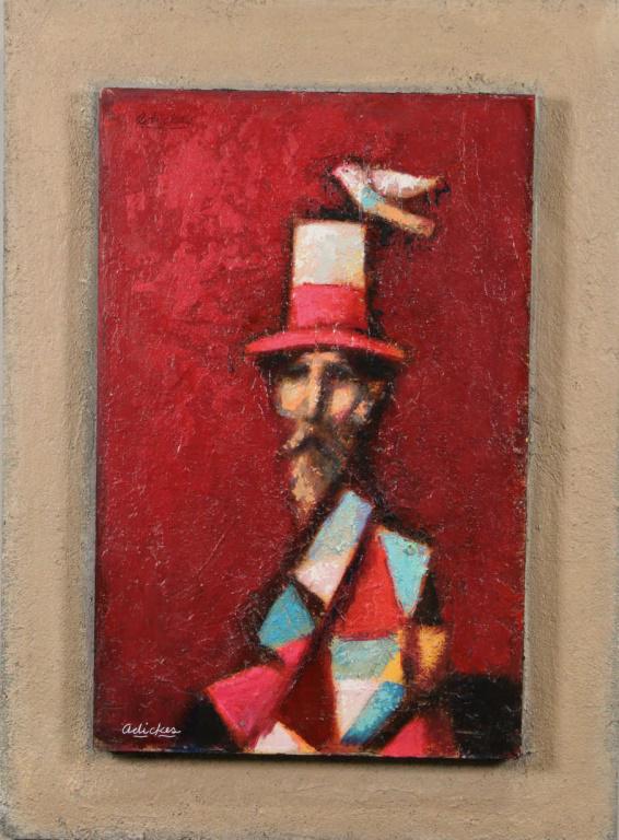 DAVID ADICKES "GENTLEMAN WITH BIRD" ACRYLIC: DAVID ADICKES "GENTLEMAN WITH BIRD" ACRYLIC ON PANEL PAINTING. Height: 26 in. by Width: 19 in. by Depth: 1 in.