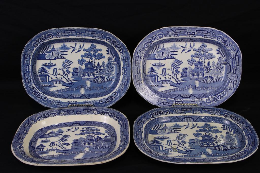 SET OF FOUR 19th CENTURY BLUE WILLOW PLATTERS (1 of 1)