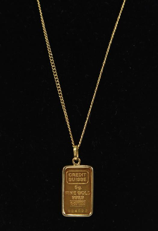 5gr BAR STAMPED 999.9 SOLID GOLD ON GOLD FILLED CH: AUTHENTIC 5gr BAR STAMPED 999.9 SOLID GOLD, SET IN 18kt YELLOW GOLD FRAME, WITH 18in GOLD FILLED CURB STYLE CHAIN