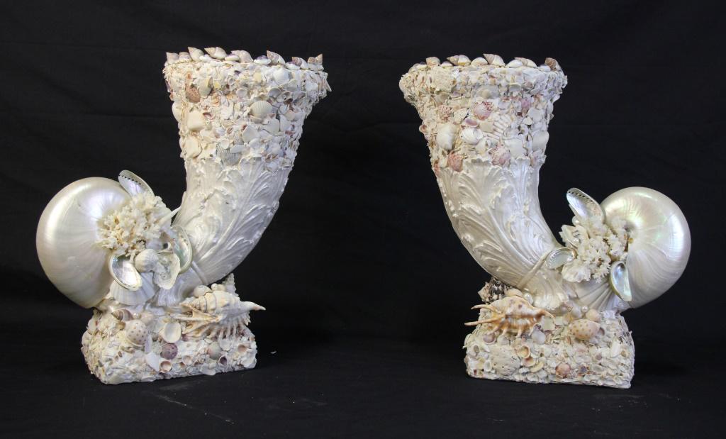 PAIR OF GROTTO ART CORAL SEASHELL CORNUCOPIAS: PAIR OF GROTTO ART EMBELLISHED NATURAL CORAL & SEASHELL CORNUCOPIAS Height: 17.5 in. by Width: 15 in. by Depth: 9.5 in.