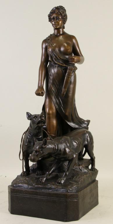 TERRACOTTA SCULPTURE OF DIANA THE HUNTRESS: TERRACOTTA SCULPTURE OF DIANA THE HUNTRESS. LEFT HAND IS DAMAGED AND IS MISSING BOW & ARROW. Height: 29 in. by Width: 9 in. by Depth: 9 in.