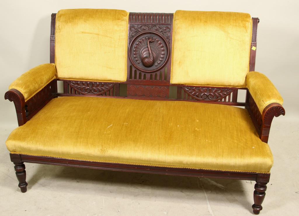 VICTORIAN CARVED SETTEE WITH PEACOCK DECORATION (1 of 2)