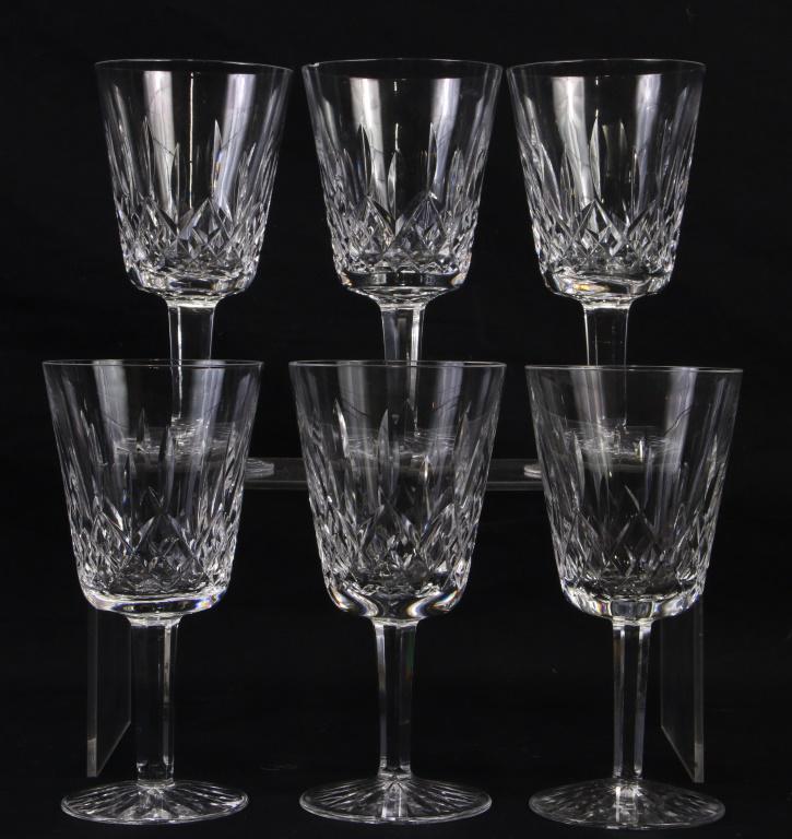 SET OF SIX WATERFORD "LISMORE" WINE GOBLETS: SET OF SIX WATERFORD "LISMORE" WINE GOBLETS. ONE HAS A SLIGHT CHIP ON RIM Height: 7 in. by Width: 3 1/2 in. by Depth: 3 1/2 in.