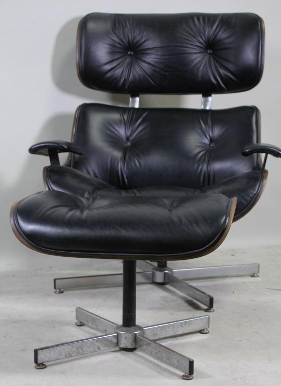 c.1970's PLYCRAFT BLACK LEATHER CHAIR & OTTOMAN (1 of 3)