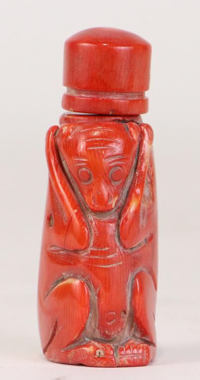 ANTIQUE CHINESE CARVED CORAL MONKEY SNUFF BOTTLE (1 of 1)